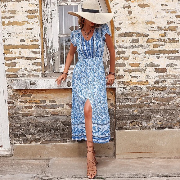 126. LAST 1! Blue Maxi Long Button V Neck Short Sleeve Flowy Bohemian Dress - Picture 3 of 4